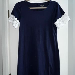 Lilly Pulitzer - Navy Blue short sleeve dress with lace on the sleeves.